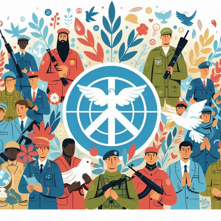 Vector illustration of people in military uniform with peace symbol. Flat style.のイラスト素材