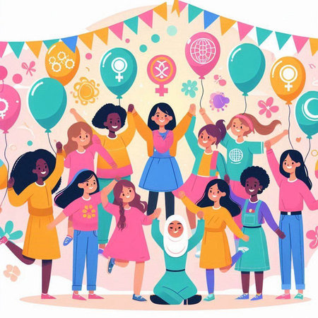 Happy international childrens day vector illustration. Cheerful girls and boys celebrating international childrens dayのイラスト素材