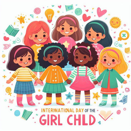 International Girl Child Day greeting card with cute cartoon children in colorful clothes vector illustrationのイラスト素材