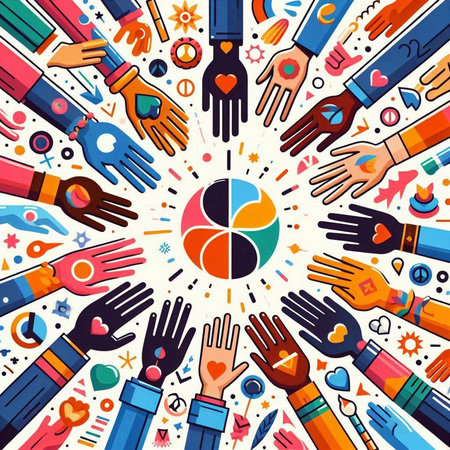 Hands of different nationalities and cultures around a circle. Vector illustration.のイラスト素材