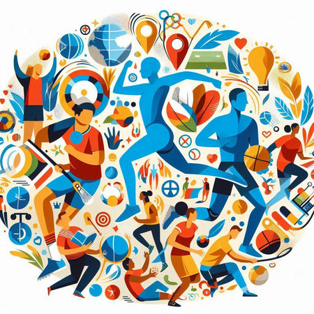 Group of people playing basketball, volleyball, tennis, rugby, basketball, rugby, basketball, baseball, basketball. Vector illustrationのイラスト素材