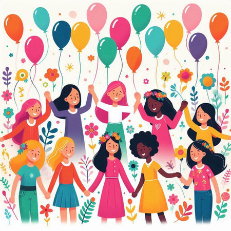 Happy international women's day vector illustration. Cute cartoon girls with colorful balloons.のイラスト素材