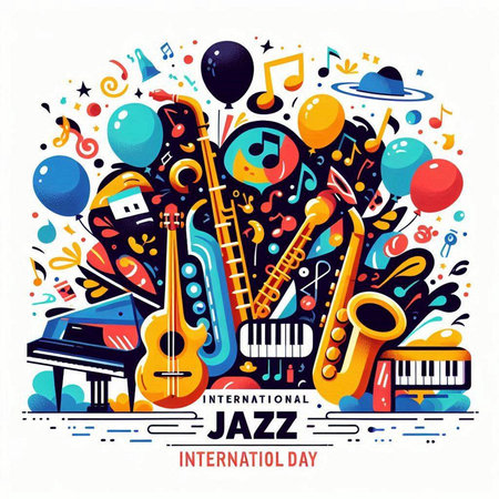 Jazz music festival poster with musical instruments and notes. Vector illustrationのイラスト素材