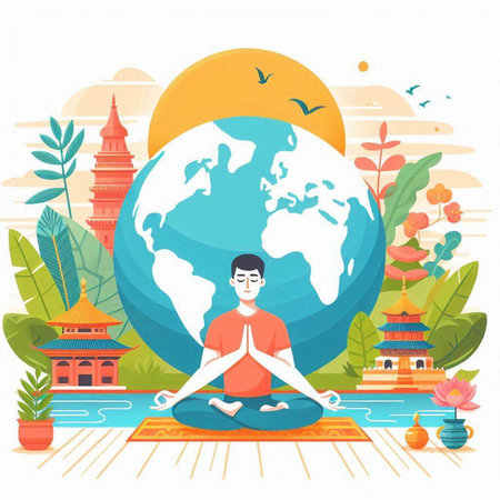 Man meditating in lotus position on the background of the globe. Vector illustrationのイラスト素材