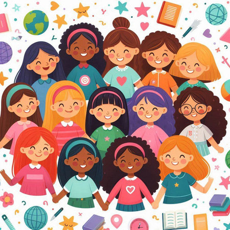 Group of happy children. Vector illustration in cartoon style. School kids.のイラスト素材