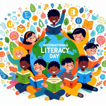 Happy international literacy day poster with group of children reading books isolated vector illustrationのイラスト素材