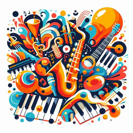 Music cartoon vector doodle illustration. Colorful detailed composition with lot of musical objects and symbolsのイラスト素材