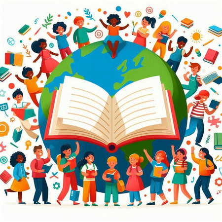 Happy children with books around the world. Education concept. Vector illustration.のイラスト素材
