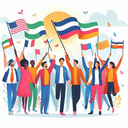 Group of people holding flags of different countries. Flat vector illustration.のイラスト素材