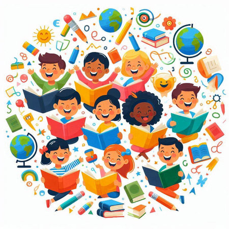 Vector illustration of a group of happy children reading books and preparing for schoolのイラスト素材