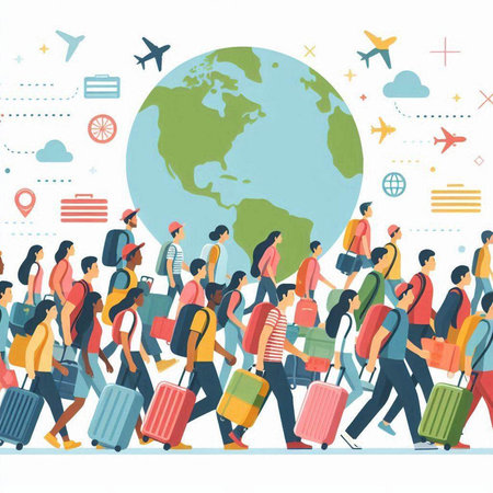 Traveling around the world. People with suitcases. Vector illustrationのイラスト素材