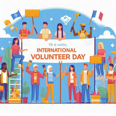 International Day of Volunteer. Group of volunteers holding banner with text. Vector illustration.のイラスト素材