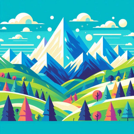 Mountains and forest. Landscape in flat style. Vector illustration.のイラスト素材