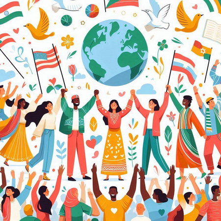 International Day of Peace concept with people holding flags. Flat vector illustrationのイラスト素材