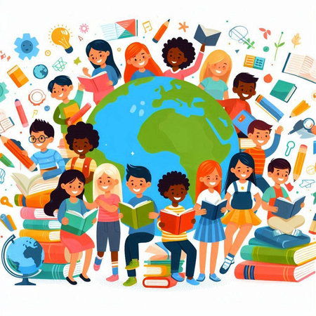 Vector illustration of children reading books around the world. World education and learning concept.のイラスト素材