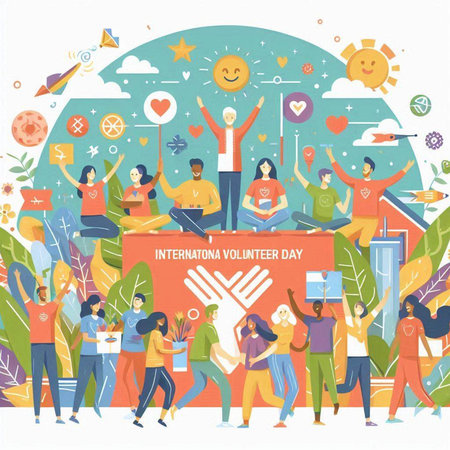 International Day of Knowledge. Group of people with books in hands. Vector illustration.のイラスト素材