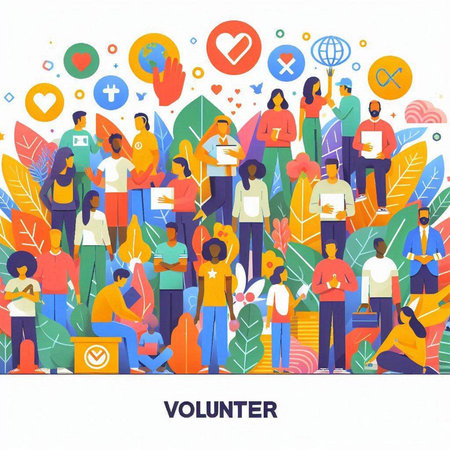 Volunteer concept with people and icons. Flat vector illustration.のイラスト素材