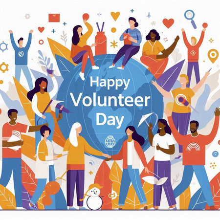 HappyVolunteer Day. Group of people around the world. Vector illustration.のイラスト素材
