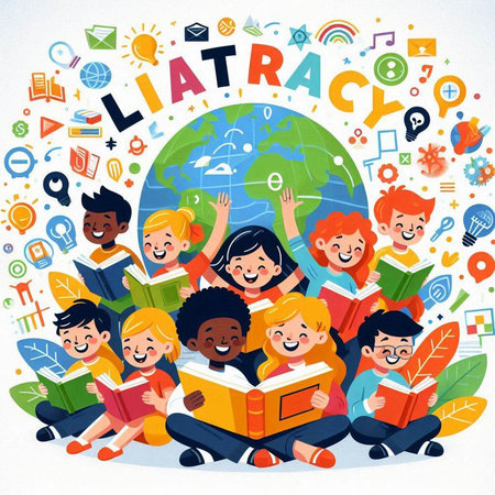 Vector illustration of group of children reading books around the globe. Flat style.のイラスト素材