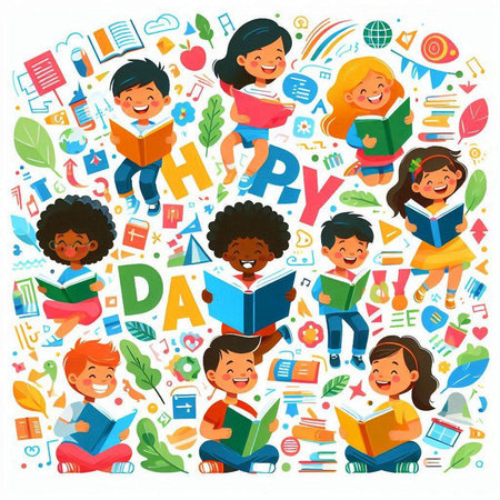 Happy children reading books. School and education concept. Vector illustration.のイラスト素材