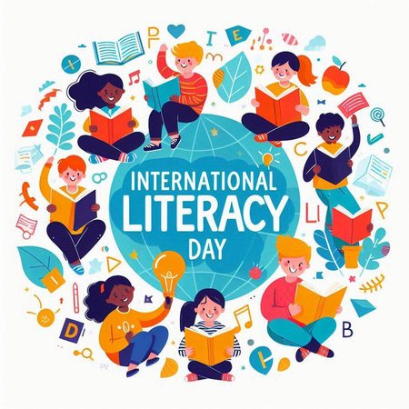International literacy day poster with children reading books. Vector illustration in flat styleのイラスト素材