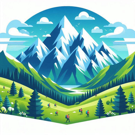 Landscape with mountains and people, vector illustration, eps10のイラスト素材