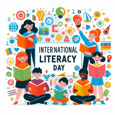 International literacy day concept with kids reading books and icons. Vector illustrationのイラスト素材
