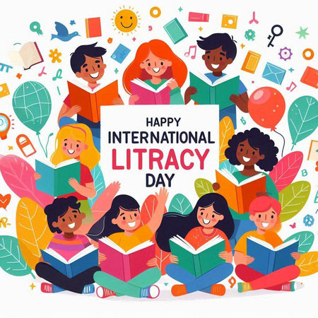 Happy international literacy day banner with happy children reading books. Vector illustrationのイラスト素材