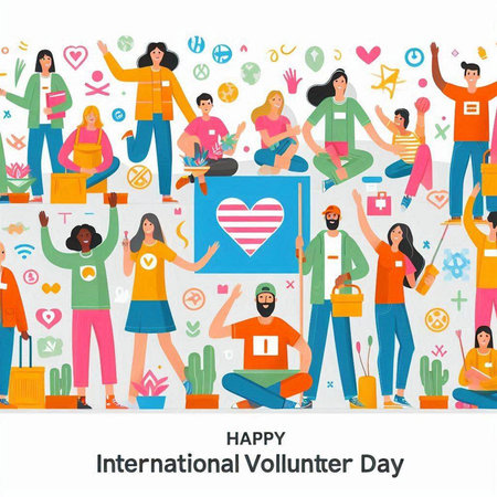International Volunteer Day. Group of people with various activities. Vector illustration.のイラスト素材