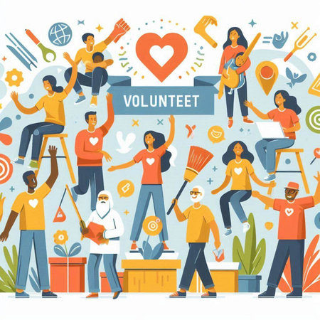 Volunteer concept. Flat vector illustration. Group of volunteers, volunteers help people in need.のイラスト素材