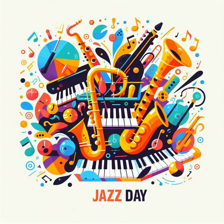 Jazz day poster with musical instruments and music notes. Vector illustrationのイラスト素材