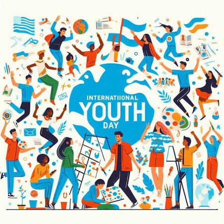 International Youth Day. Young men and women with international flags. Vector illustration.のイラスト素材