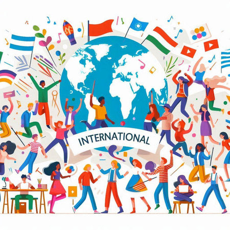 International Day of Living. Group of people with flags and confetti. Vector illustration.のイラスト素材