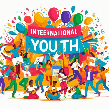 International Youth Day poster with people and music instruments. Vector illustration.のイラスト素材