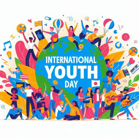 International Youth Day. Group of young people with different nationalities and nationalities around the globe.のイラスト素材
