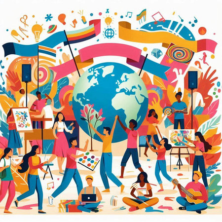 Flat design vector illustration concept of international youth day. Group of young people celebrate the international youth day.のイラスト素材