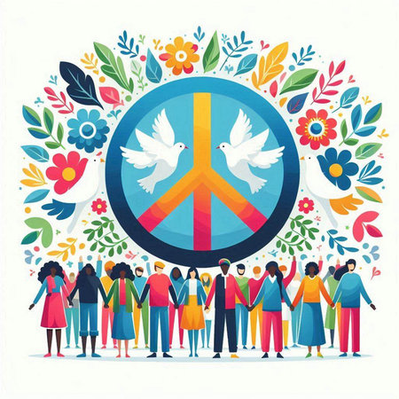 International Day of Peace. Group of people with peace symbol. Vector illustrationのイラスト素材