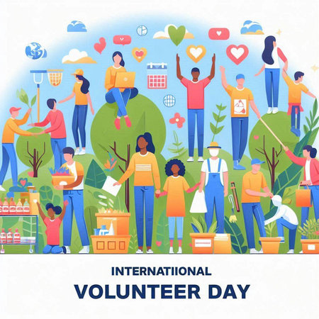 International Volunteer Day. Vector illustration in flat cartoon style on white background.のイラスト素材