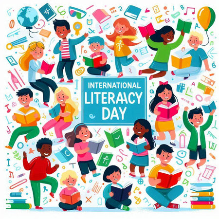 International literacy day poster with children reading books and making notes vector illustrationのイラスト素材