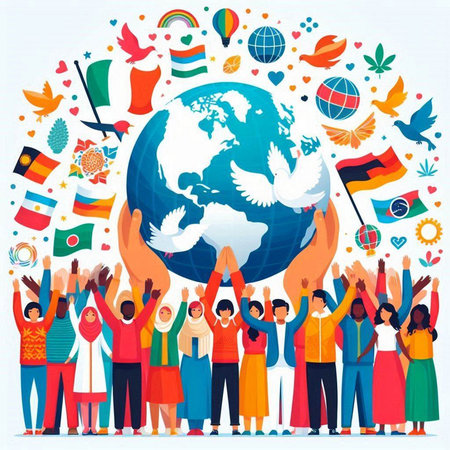 International Day of Peace. Group of diverse people holding hands around the globe. Vector illustration.のイラスト素材