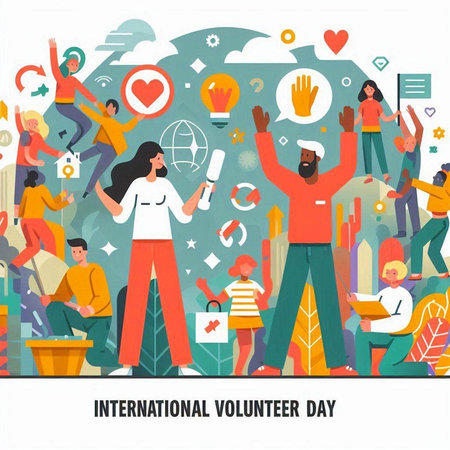 International Youth Day. Group of people holding hands up. Flat vector illustration.のイラスト素材