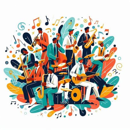 Jazz band with musical instruments. Vector illustration in flat style.のイラスト素材