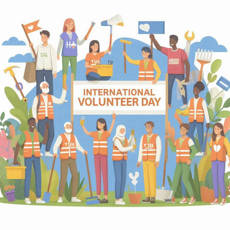International Day of Volunteers. Group of people with various occupations. Vector illustration.のイラスト素材