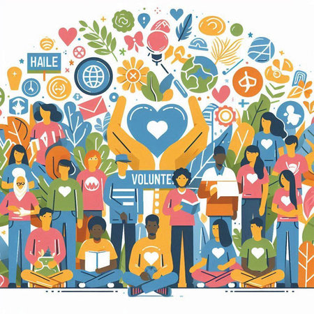 Vector illustration of group of people in flat line style with icons.のイラスト素材