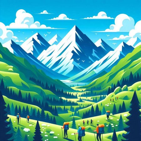 Hiking in the mountains with a backpack and tent. Vector illustrationのイラスト素材