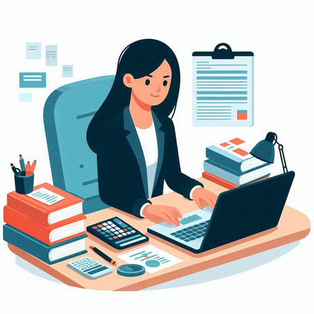 Vector illustration of a young woman sitting at her desk in front of the laptop.のイラスト素材
