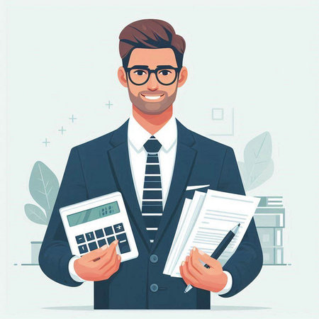 Successful business man with calculator and documents. Vector illustration in cartoon styleのイラスト素材
