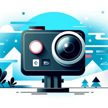 Vector illustration of retro camera on the background of mountains and blue skyのイラスト素材
