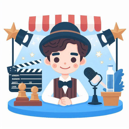 Cute cartoon boy in a hat and bow tie sits at the table with a movie clapper. Vector illustration.のイラスト素材