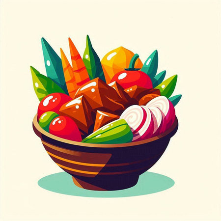 Illustration of a bowl full of fresh vegetables, vector illustration.のイラスト素材